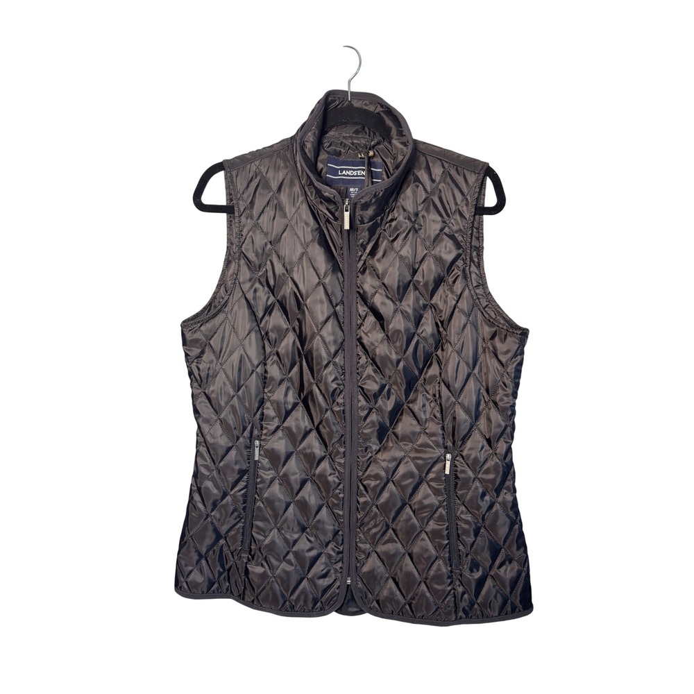 Lands End Womens Vest MT 10-12 Black Quilted Primaloft Full Zip Classic Preppy